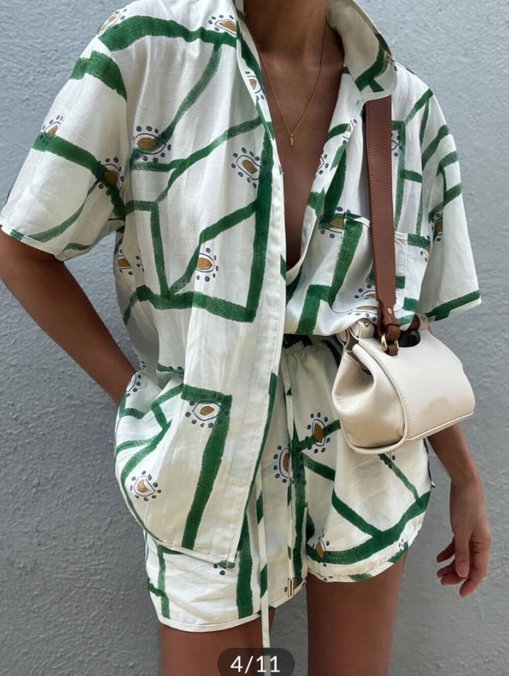 Nwt COMMENSE Green White Print Two-Piece Shirt Shorts Set COORD Coastal Tropical